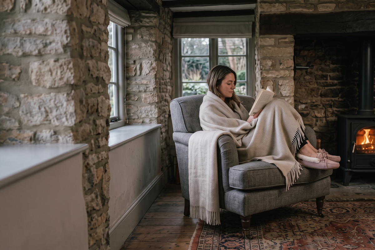 Woman reading by a wood burner wrapped in an oatmeal wool throw