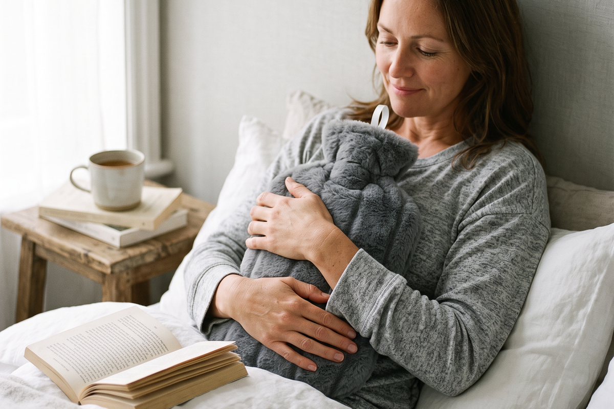 Woman in bed holding a grey faux fur hot water bottle