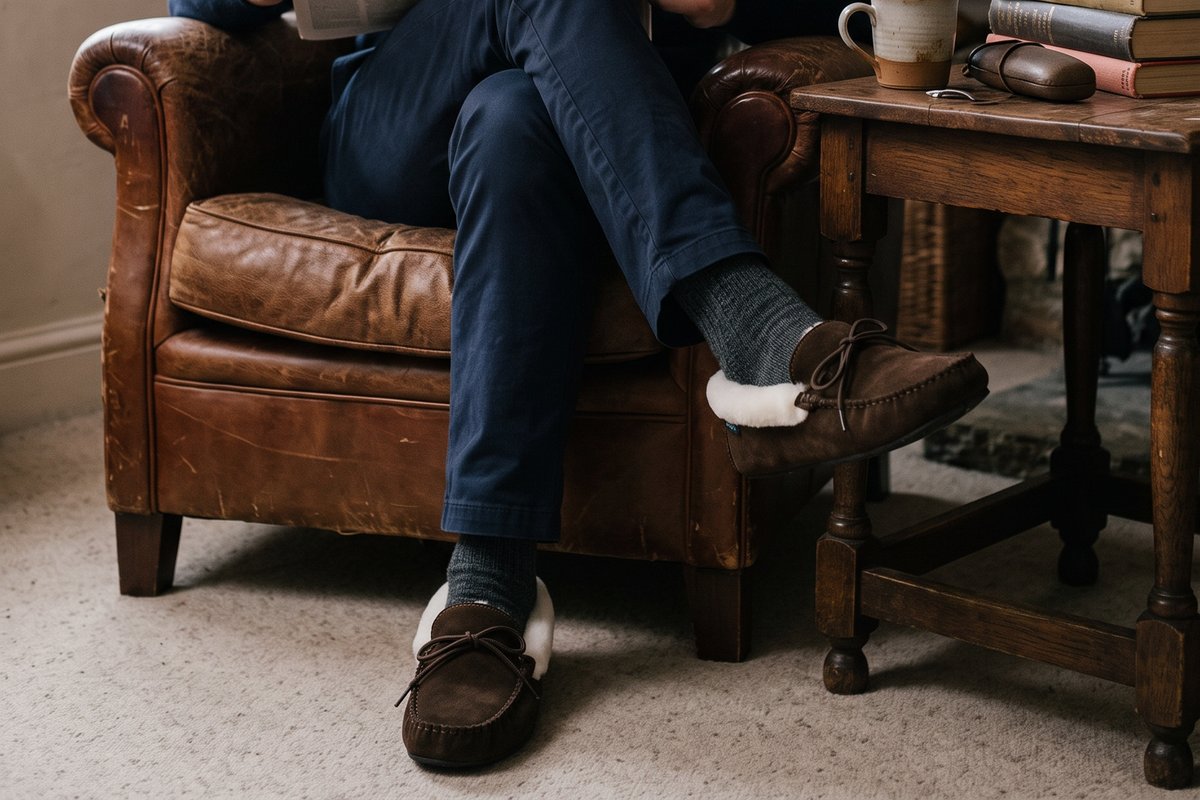 Man reading in a leather armchair wearing brown suede sheepskin slippers