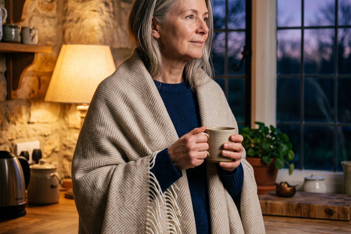 Woman at a kitchen window with an oatmeal British wool throw over her shoulders