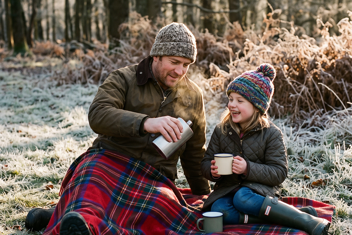 Father and daughter on a Royal Stewart tartan blanket on frosty grass