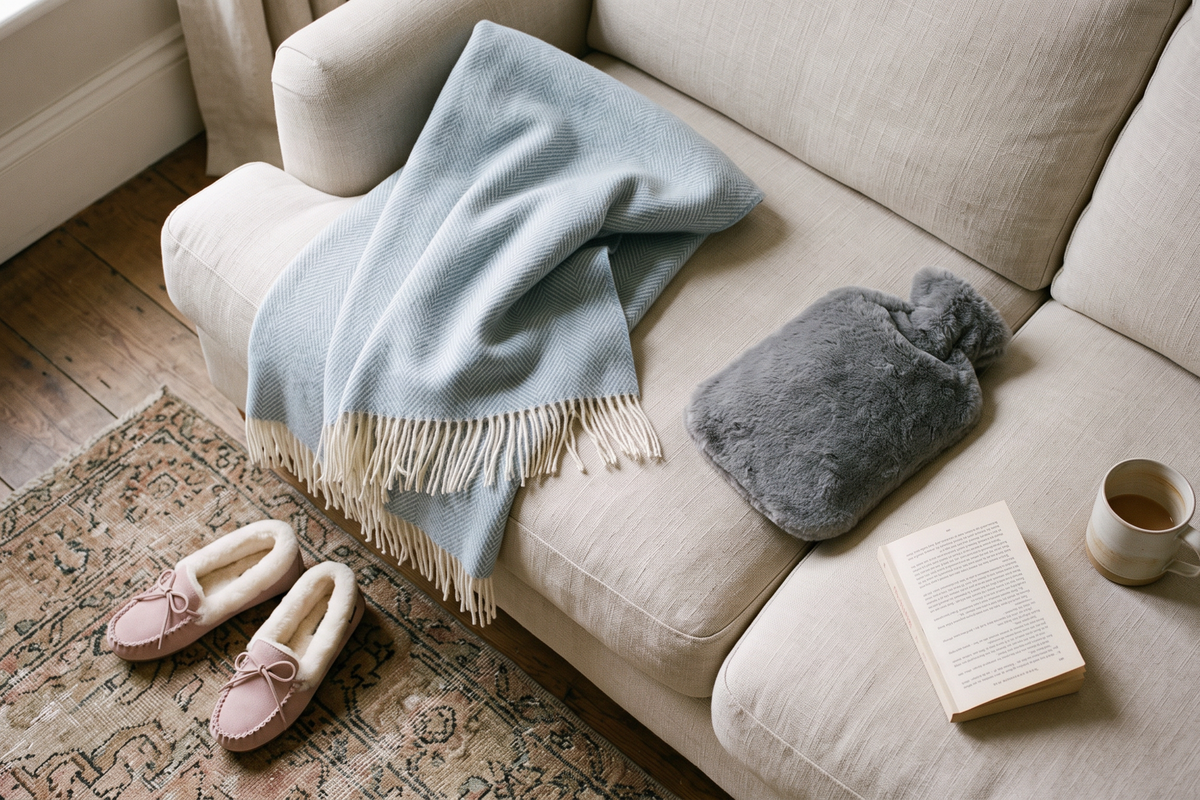 Blue merino throw, sheepskin slippers and a hot water bottle on a linen sofa