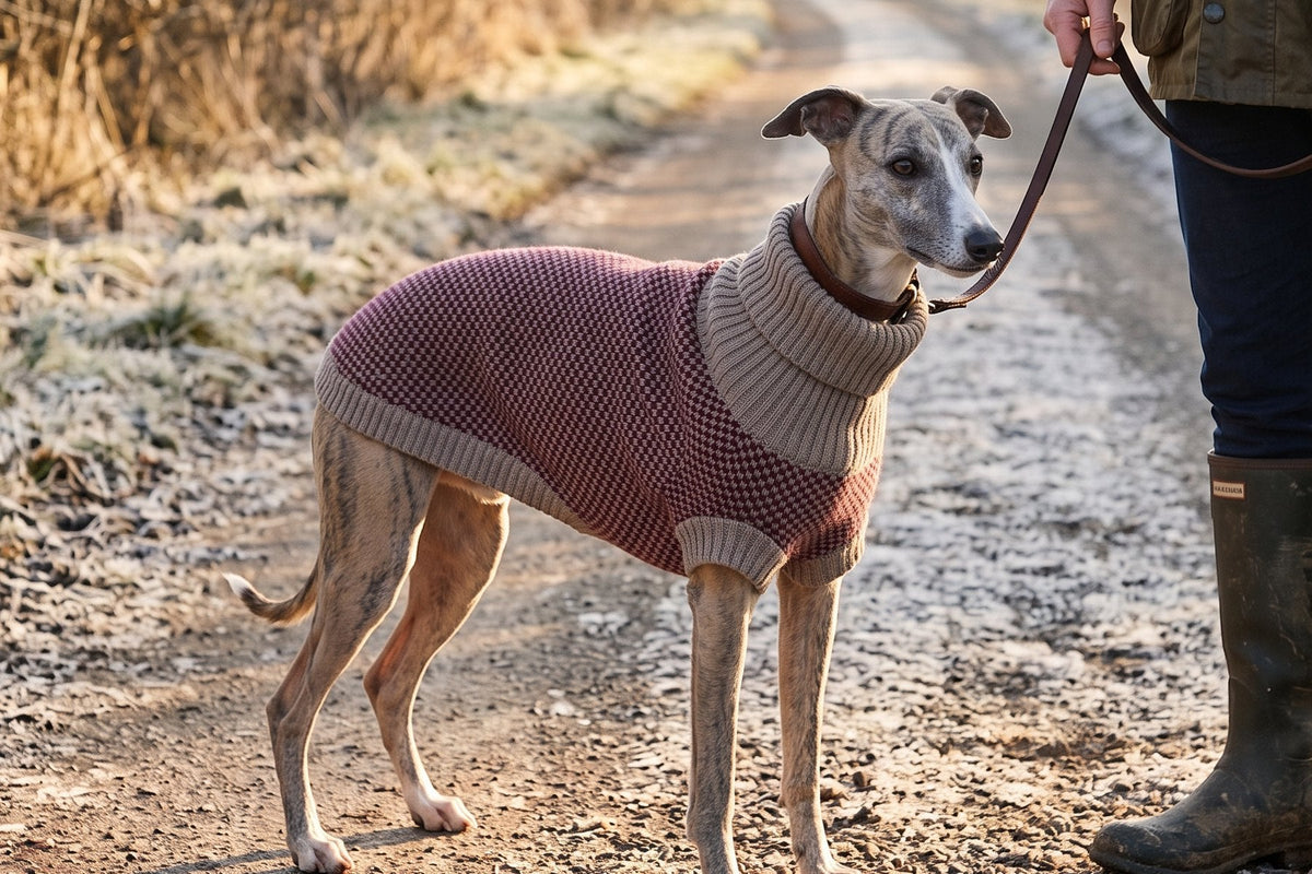 Whippet in a burgundy check jumper on a frosty country lane