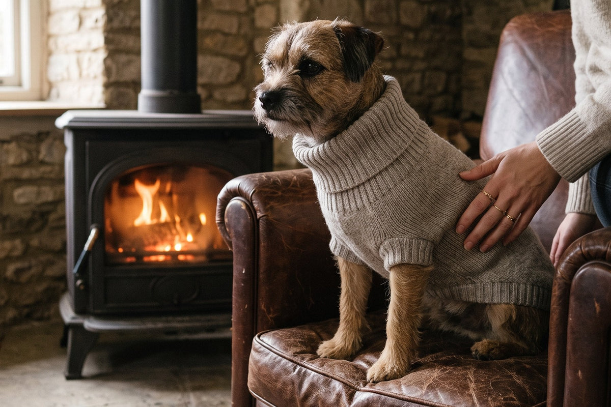 Terrier in an oatmeal wool jumper on a leather armchair by the fire