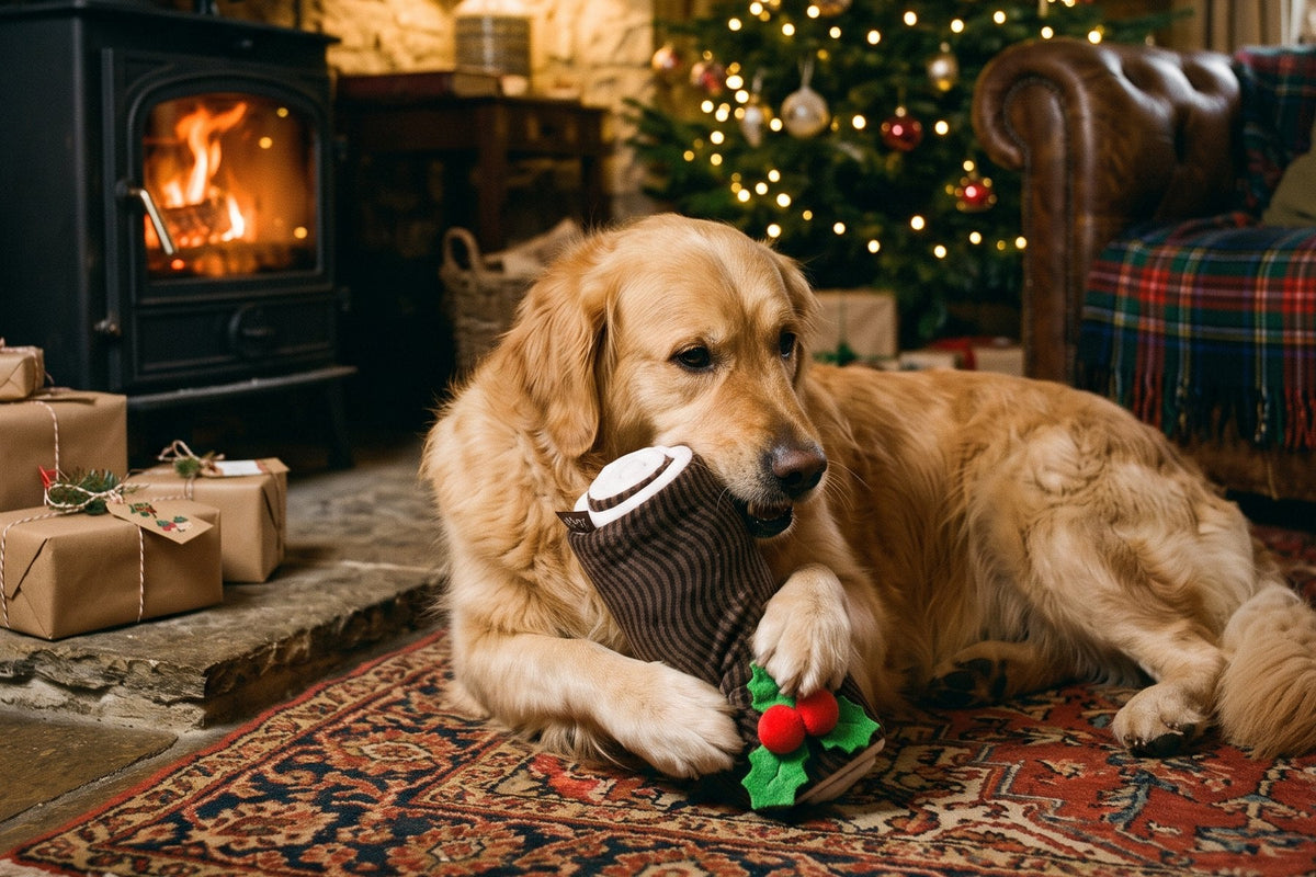 Golden retriever by the fire on Christmas Eve with a Yuletide log toy