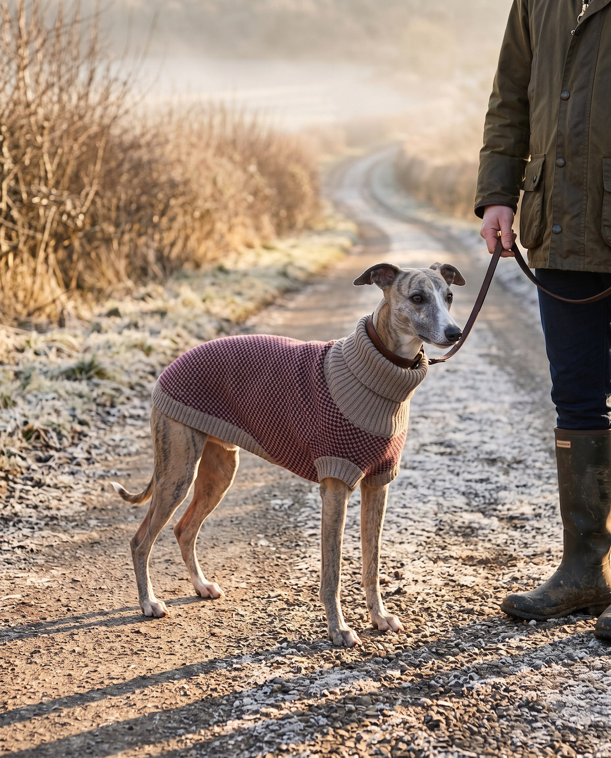 Whippet on a frosty country lane wearing the burgundy merino lambswool dog jumper