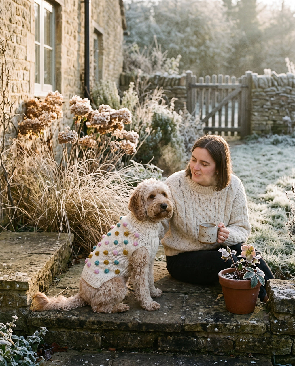 Cockapoo on a frosty cottage step wearing the cream hand-knitted bobble dog jumper