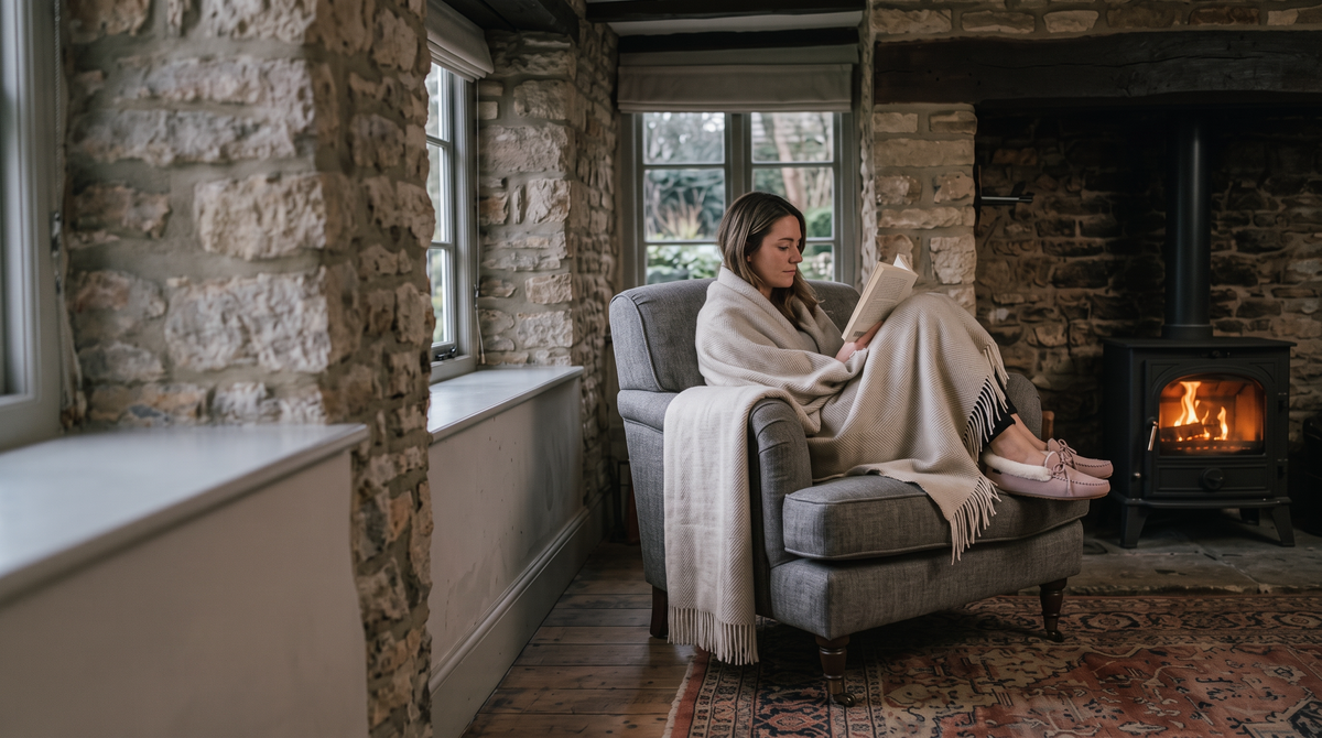 Woman reading by a wood burner wrapped in an oatmeal wool throw, wearing pink sheepskin slippers