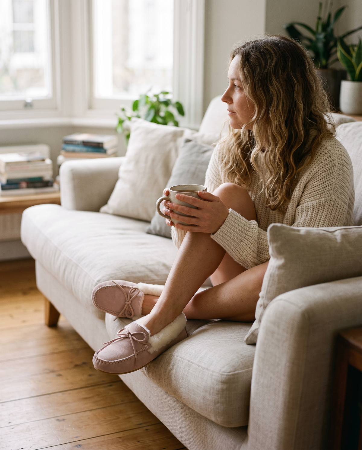 Woman on a sofa with tea wearing the ice pink sheepskin moccasin slippers