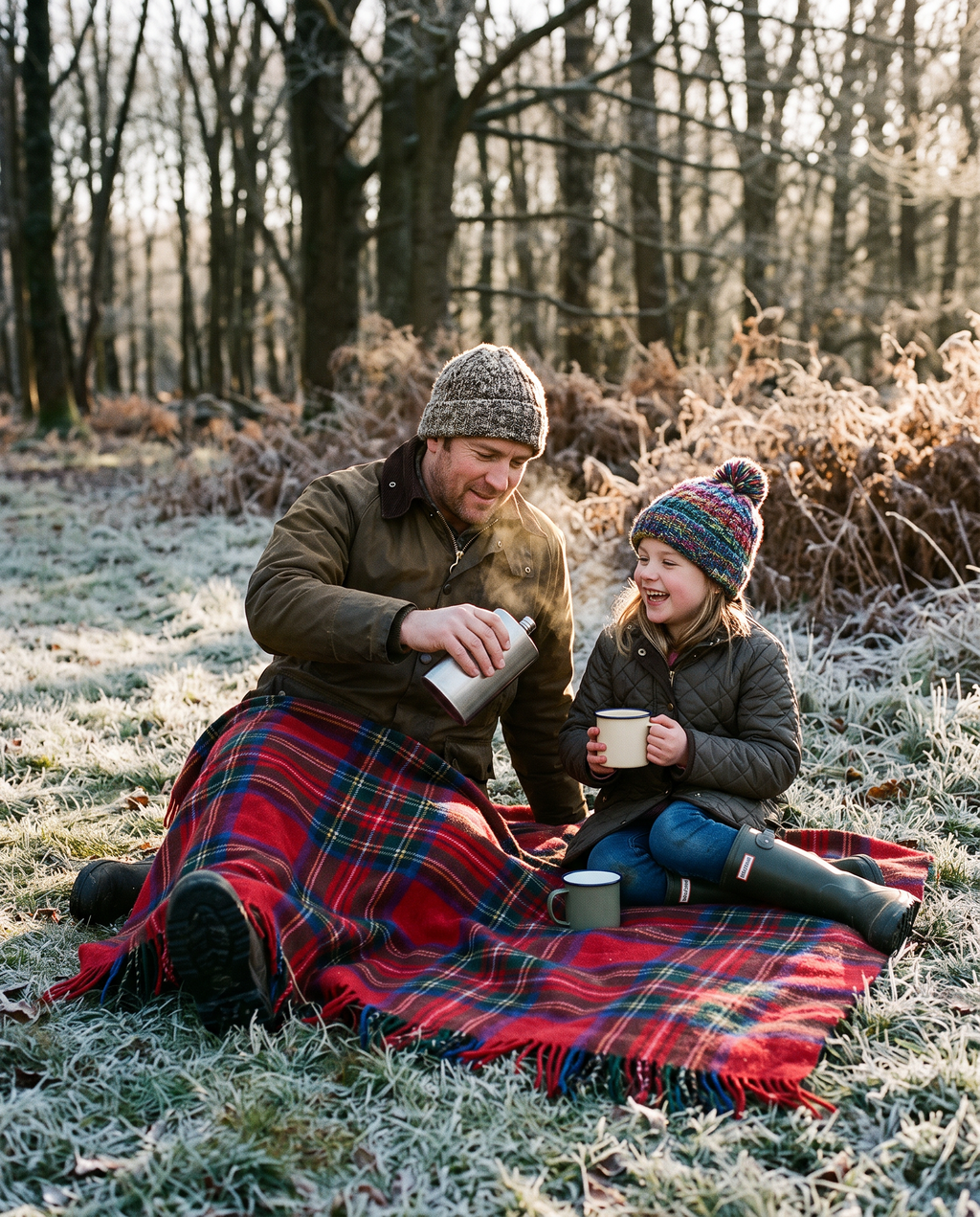 Father and daughter on the Royal Stewart tartan wool blanket on frosty grass
