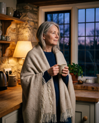 Woman at a kitchen window with the oatmeal British wool throw over her shoulders