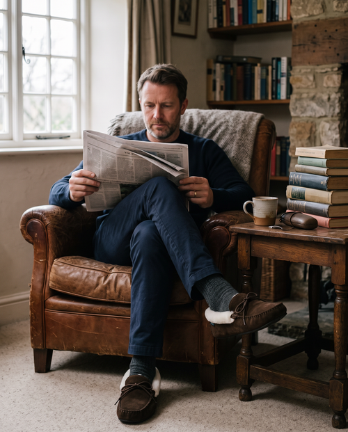 Man reading in an armchair wearing the brown suede sheepskin moccasin slippers