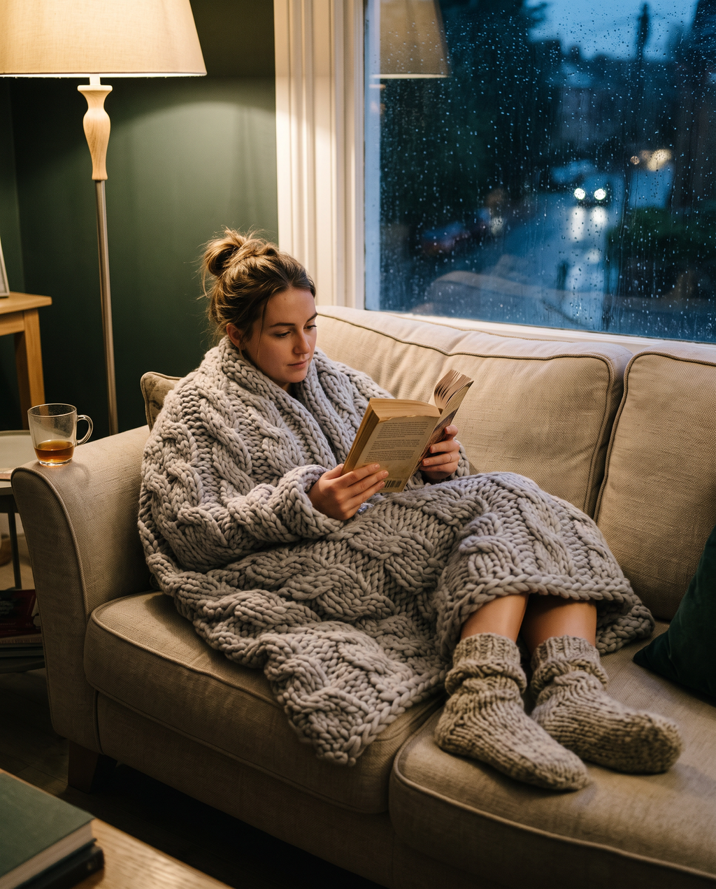 Woman reading on a sofa wrapped in the grey chunky cable knit throw