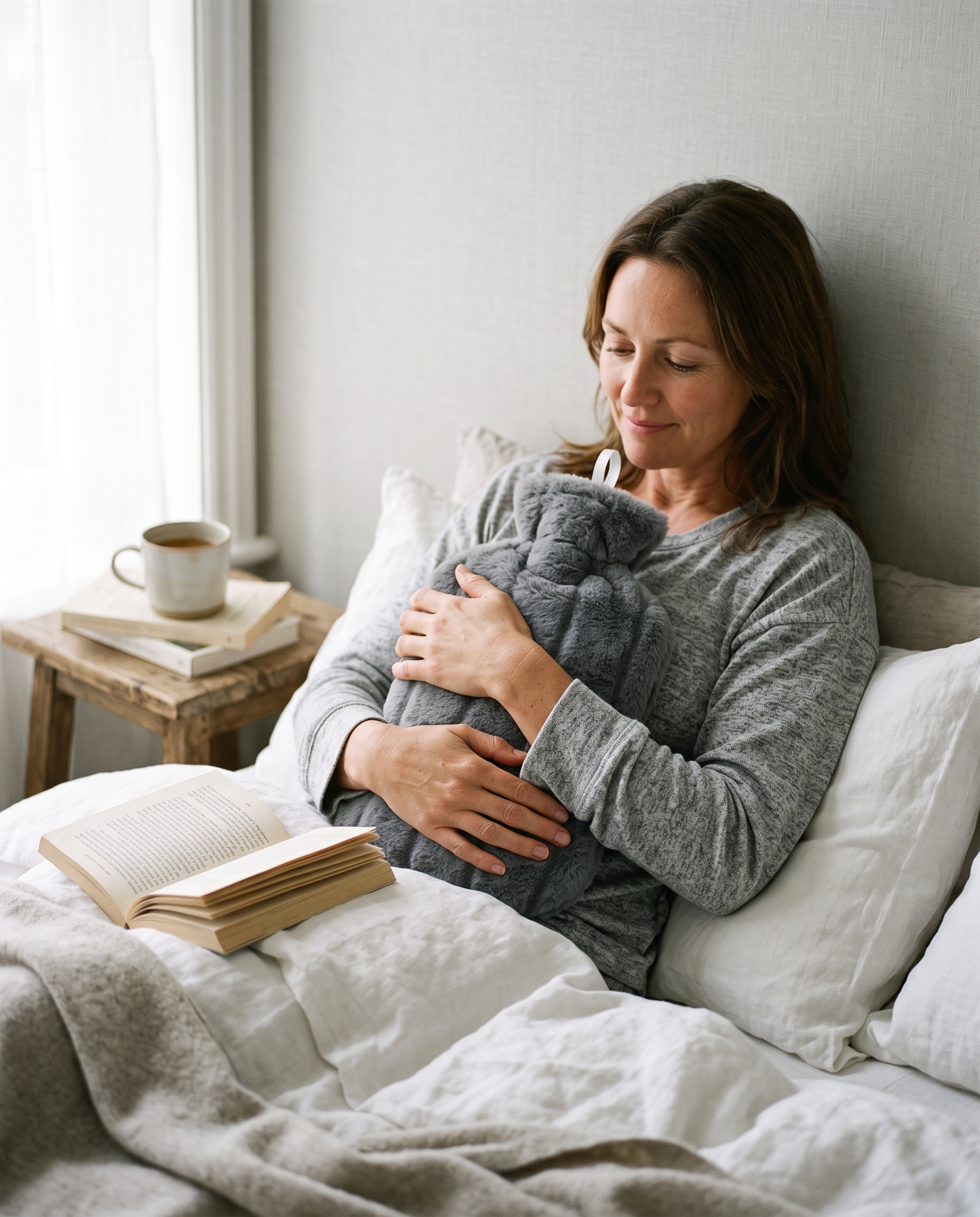 Woman in bed holding the grey faux fur covered hot water bottle