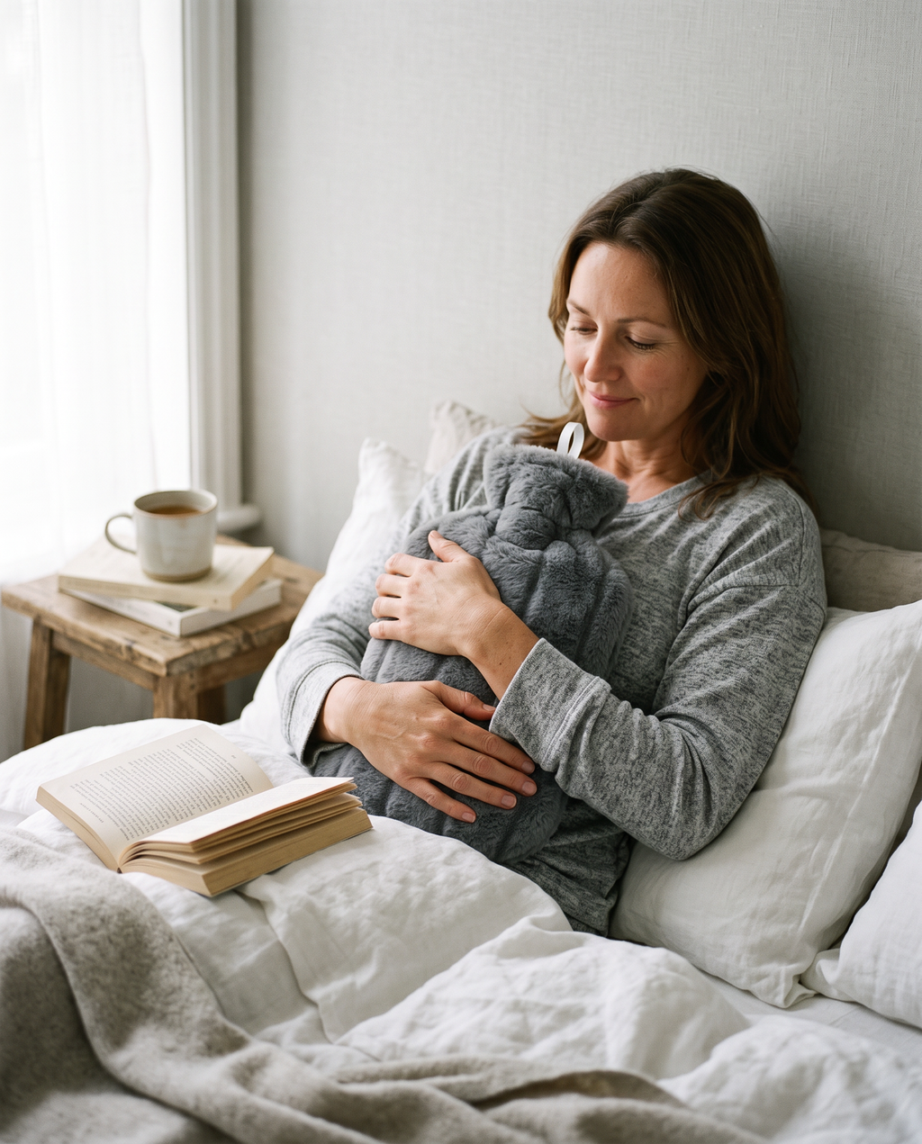 Woman in bed holding the grey faux fur covered hot water bottle