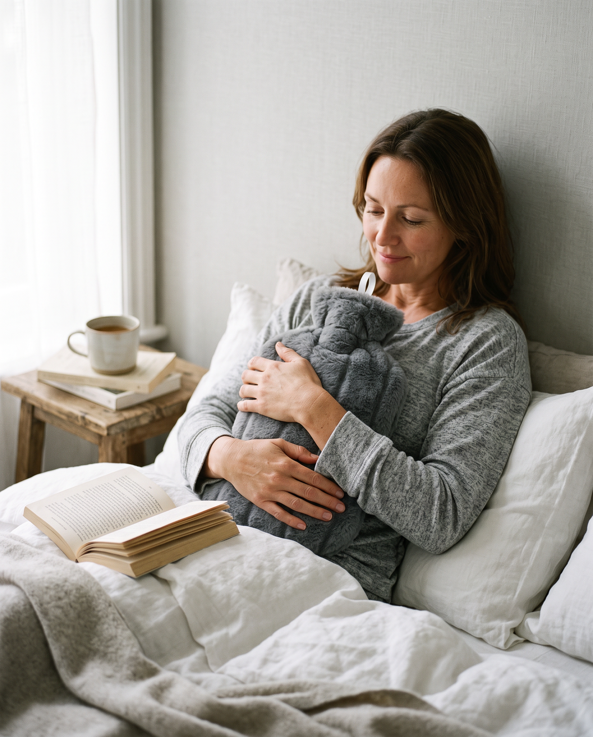 Woman in bed holding the grey faux fur covered hot water bottle