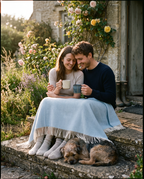 Couple on a cottage step sharing the powder blue merino wool throw