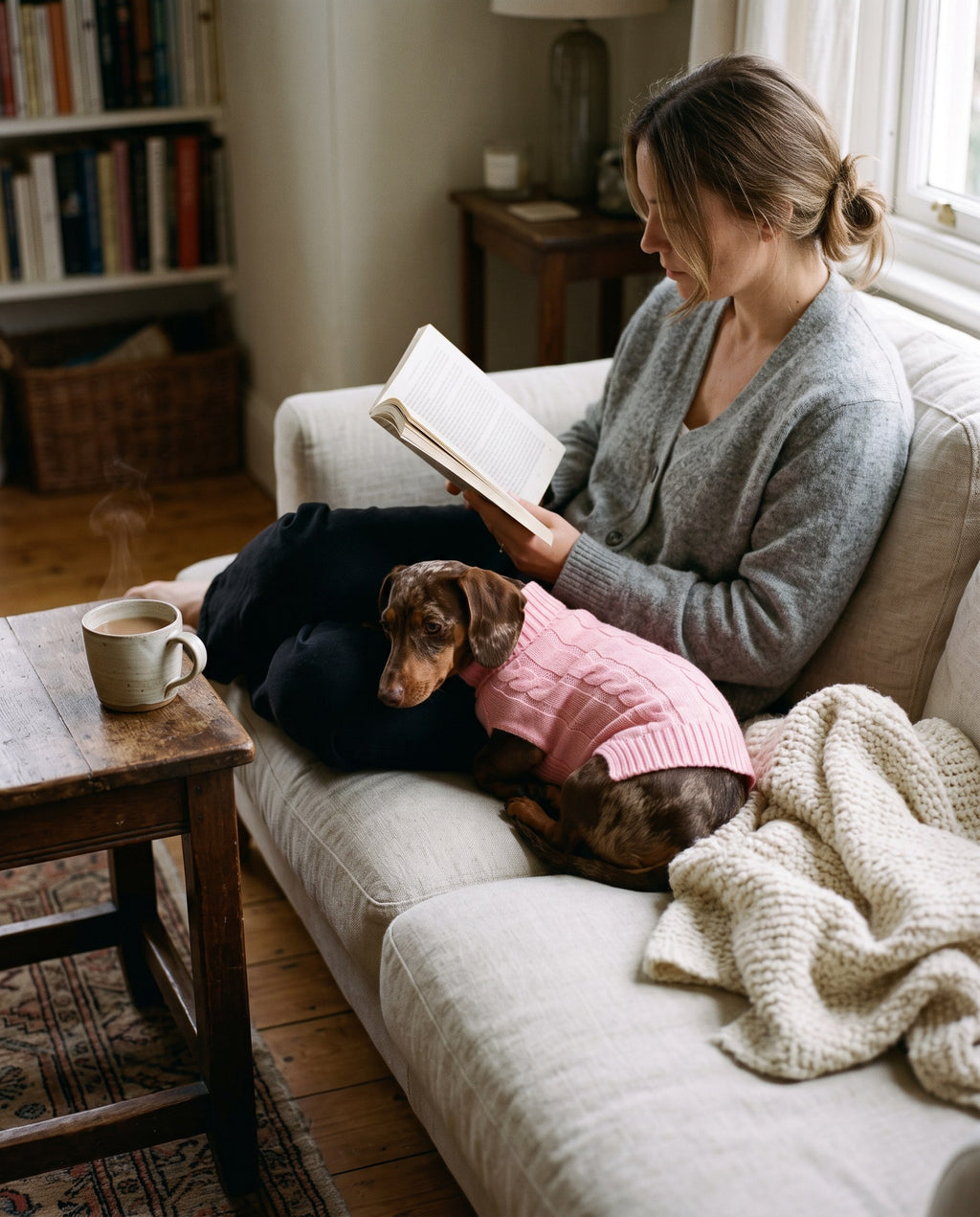 Dachshund curled up on a linen sofa wearing the pink cable knit cashmere dog jumper